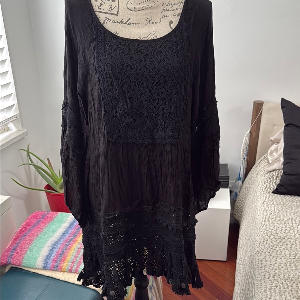 Black Ruffled Tiered Tunic / Mini Dress with Bell Sleeves